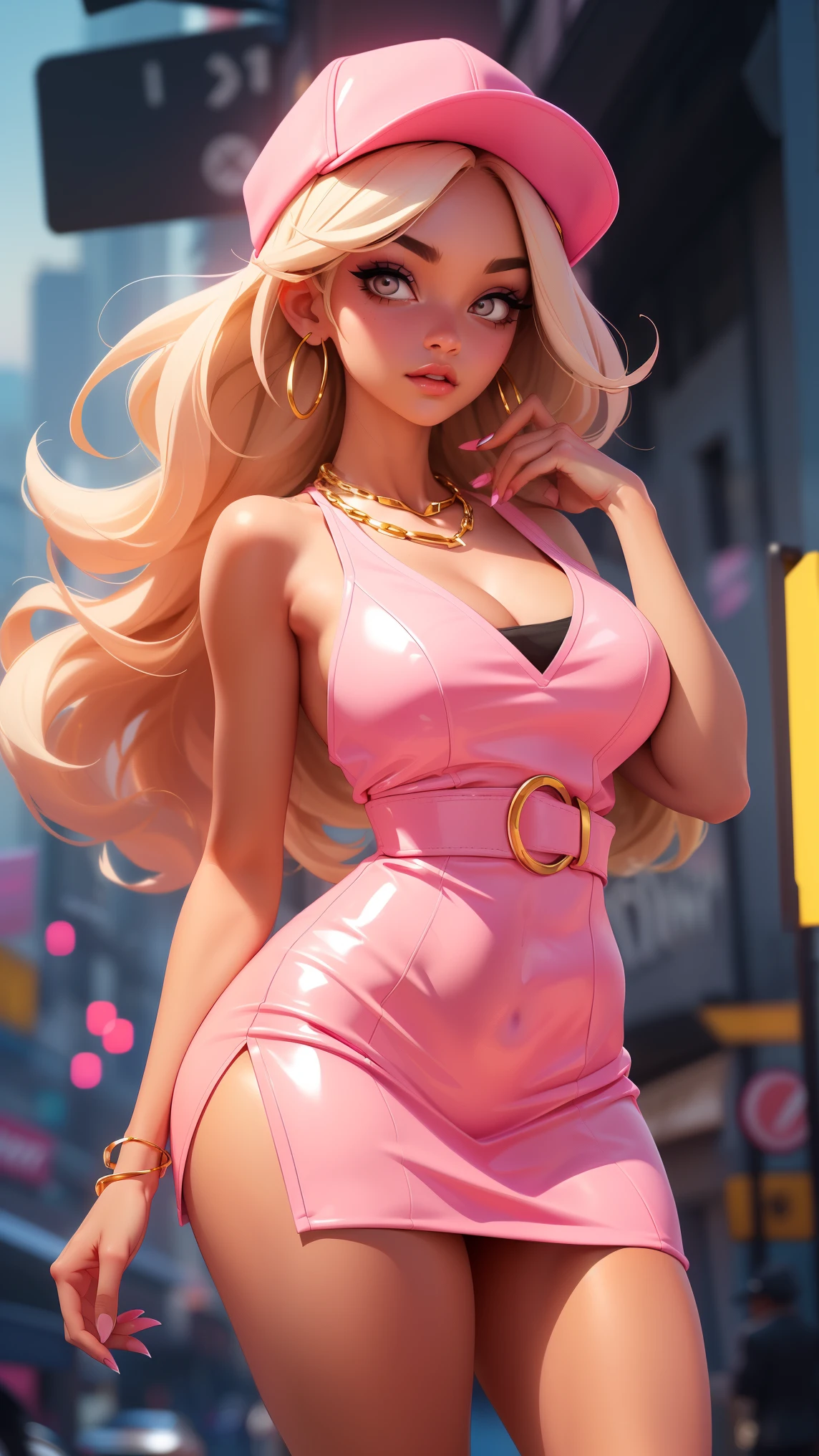 solo, gigantic wide hips, extremely small narrow waist, enormous round thighs, very long legs, flirting baby-face smile, pouting thick lips, big green eyes, deep round cleavage. Wearing reflective hot pink mini dress. black pantyhose. thin waist, tanlines, at gala ball, makeup, captivating long-haired blonde tween bodybuilder