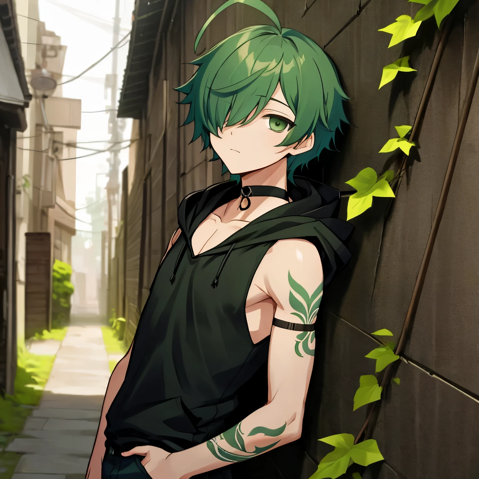 (boy), green ivy hair, green eyes, short cut, side part, ahoge, hair over one eye, thin eyebrows, young, expressionless, alone, short, Shota, solo, with a magic leaves large green big tattoo, slim, tank top, hood, choker, dark fantasy, cult party kei, cyberpunk, outside, on the back alley, at night, wearing a hood