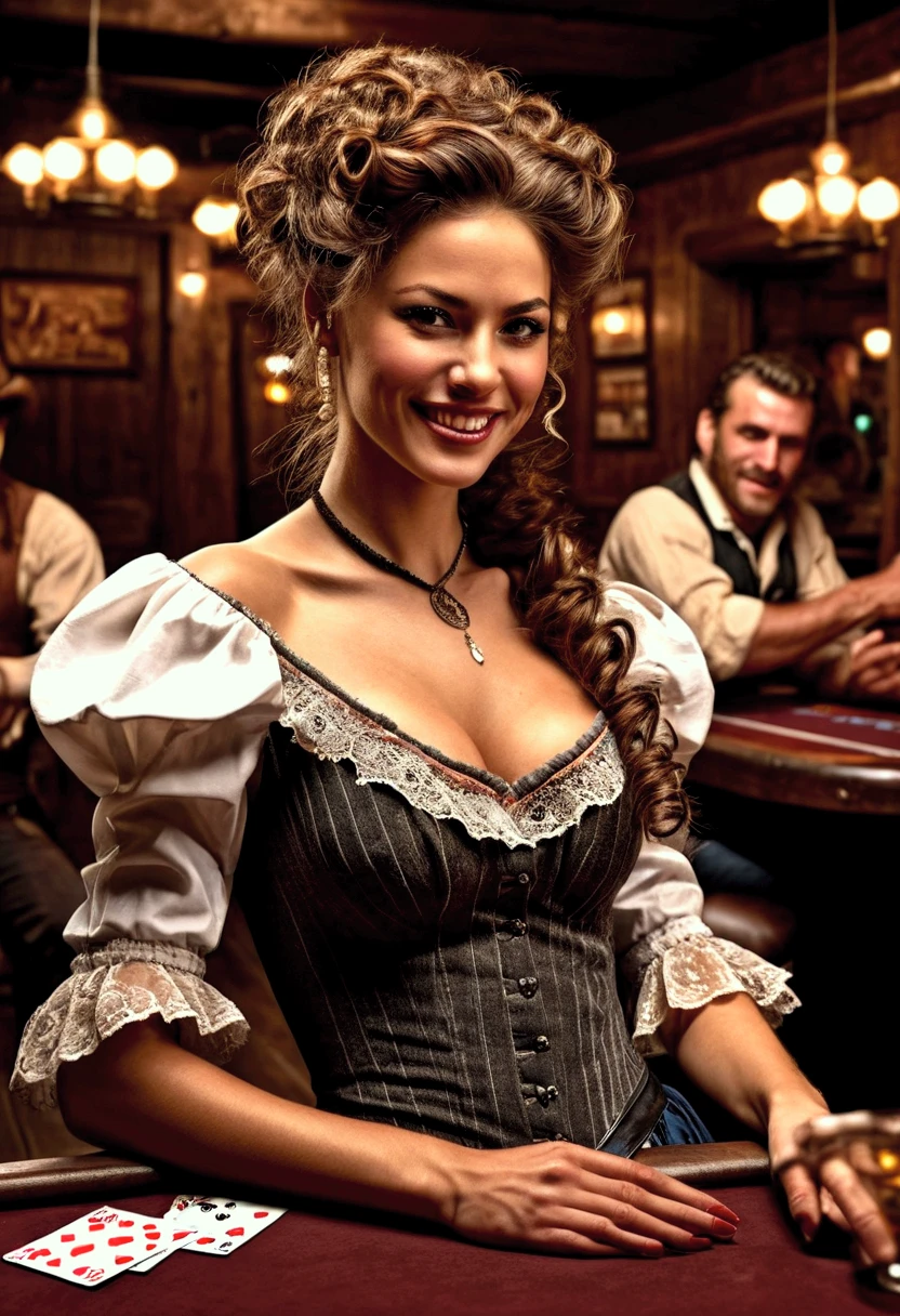 a wild west saloon, 1 vulgar saloon girl, low neckline dress, playful laughter, chatting with vulgar customers, detailed face, detailed clothing, dynamic pose, cinematic lighting, warm color tones, dramatic shadows, old-fashioned style, highly detailed, photorealistic, 8k, masterpiece