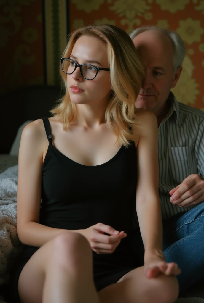 pretty blonde 18 year old girl with glasses, braless pantiesless, no pantie sitting on her 50 year old uncle's lap, his hand on her pussy , she's wearing a very short tight black wool dress, he takes the opportunity to finger her discreetly,