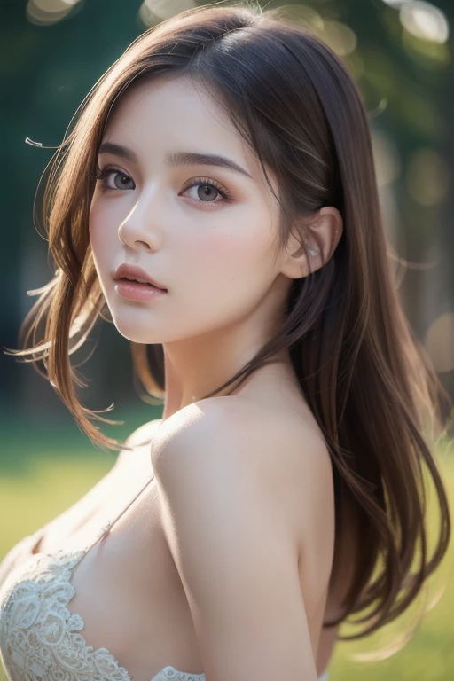 (High resolution, 4k, 8K, Super detailed:1.2), (surreal, realistic:1.37), (show), (detailed lighting), (very delicate and beautiful), one young girl, brown hair, brown eyes, model, bare shoulders and chest, (highest quality), Super detailed CG wallpaper in 8K, Bright colors, professional grade, ((Bokeh effect))), Depth of the bounds written, twilight, sunset.