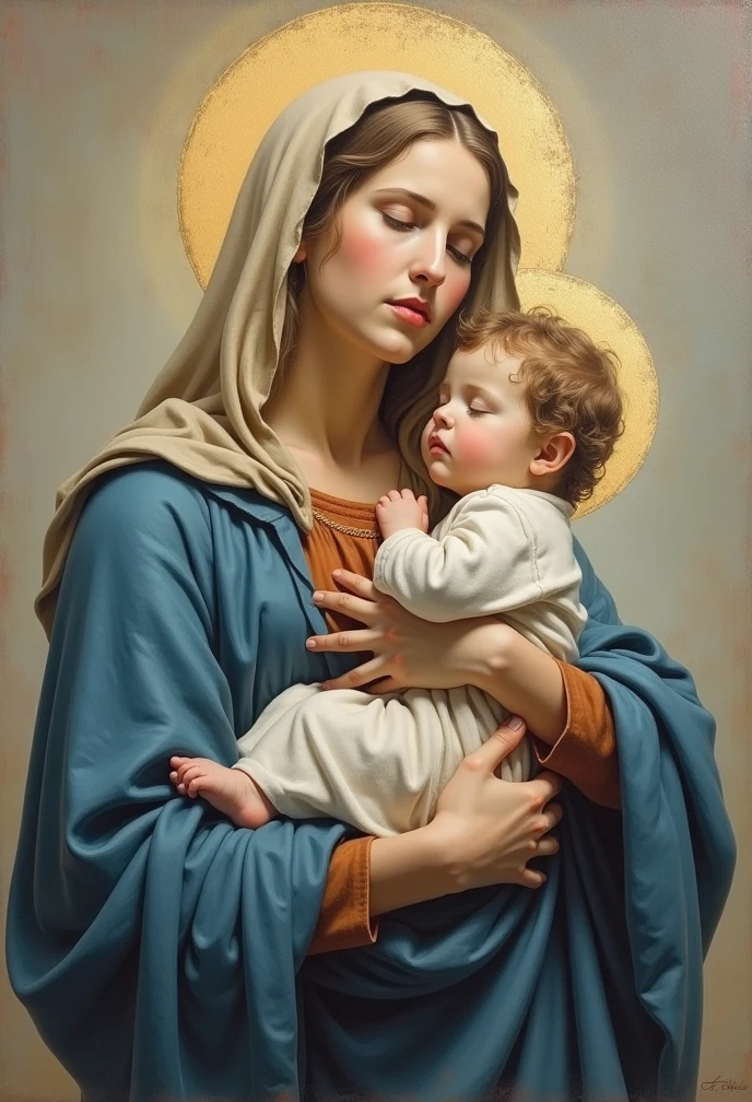 Drawing of a woman holding a child in her arms, virgin mary, Child with Jesus, Mom, Reina del Cielo, arte bonita, Pintura de Bonito, Beautiful Rendering, portrait of virgin mary, catholic religious art, Doncella Rosen, Sagrado y hermoso, con fondo azul, Boregov, Obra-prima de Guweiz, Arte sacro, Arte cristiano, pintura religiosa