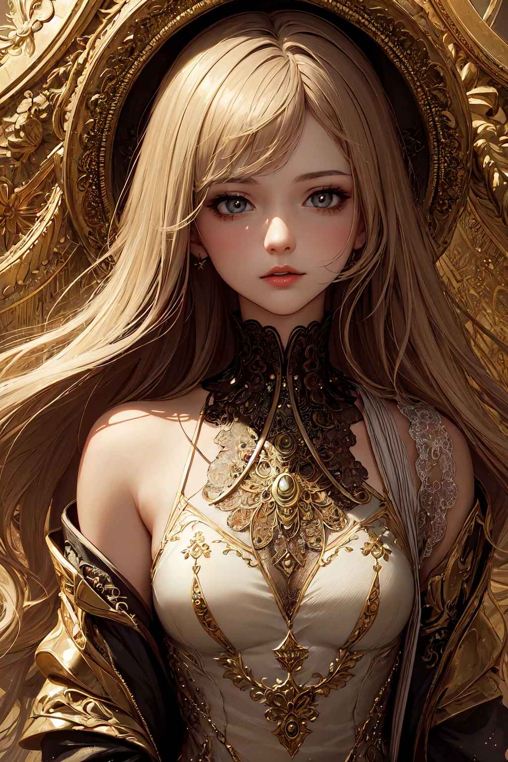 (8k, RAW photo, best quality, masterpiece:1.2), modelshoot style, (dark shot:1.5), Stunningly attractive woman with blonde soft hair, (victorian style:1.2), victorian dress high detailed and intricate, long curly hair, dramatic pose, (soft warm skin with wax effect:1.3), pastel, (glossy lips and the tip of the nose with bright small glare:1.4), (bright highlights:1.6), detailed eyes, (soft volumetric light:1.5), (subsurface scattering:1.5), wax, (night light:1.6), global illumination, Soft Shadows, (dark background with cool lighting:1.0), bokeh, Charlie Bowater, stanley artgerm lau, a detailed painting, fantasy art, artstation, trending on Artstation, art like midjourney and Rutkowski, hyperdetailed, insane details, intricate details, (oil painting:1.5), (digital art:1.5), glare on the corneas of the eyes, round pupils, refraction, screen space reflections, screen space ambient occlusion, (hdr:1.4), full body shot, (gold jewelry with amber gems:1.1)