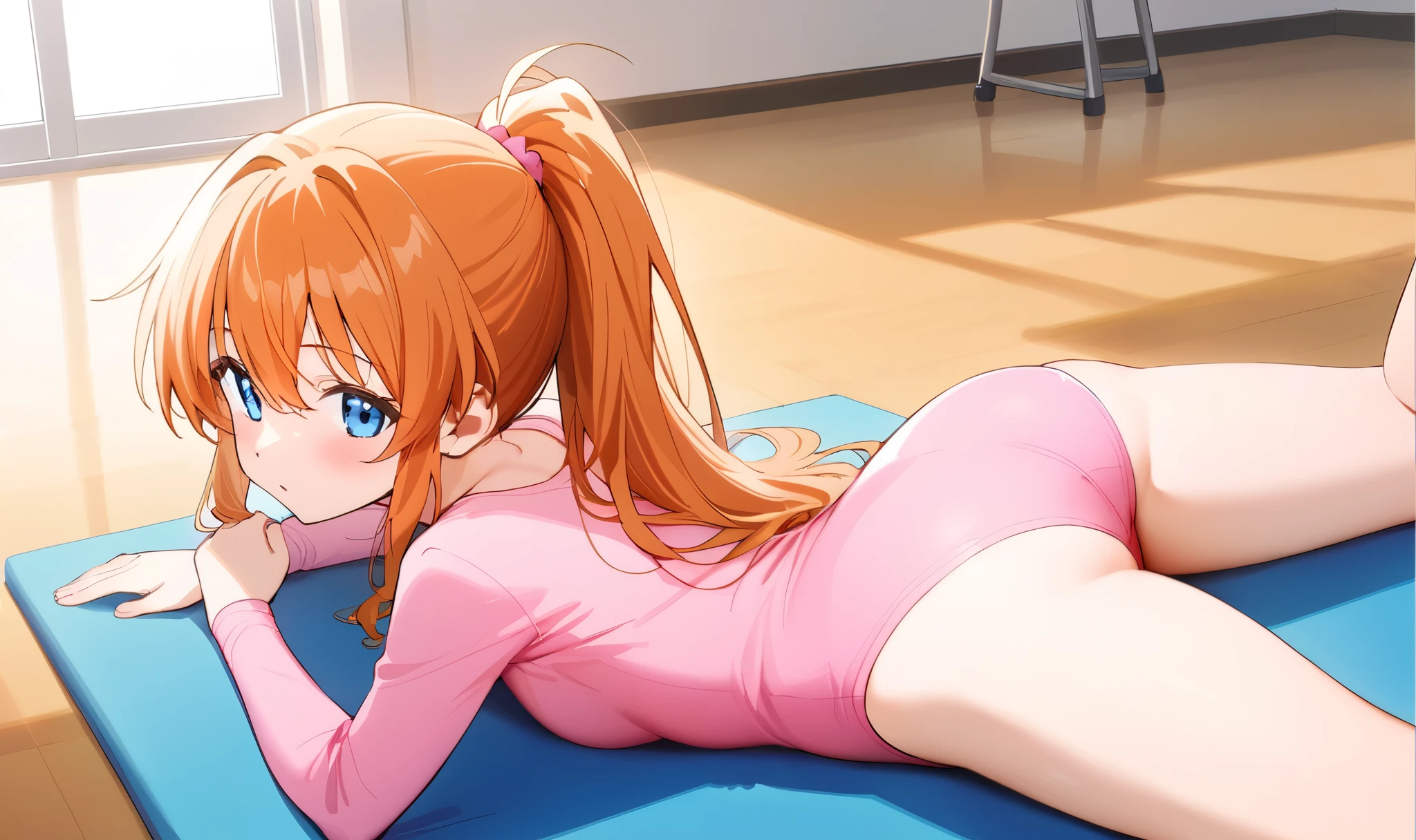 a woman laying down naked on the floor with her clothes next to her, 1girl, solo, leotard, on stomach, ass, lying, blue eyes, athletic leotard, pink leotard, ponytail, looking at viewer, long hair, orange hair, indoors, blush, breasts, bangs