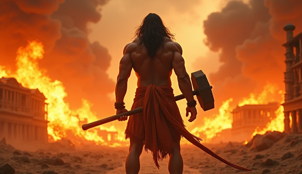 A muscular Indian warrior named Bheema, Mahabharata, captured from a distance in an evening post-war scene, holding a huge round golden mallet, backlit by a foggy and burning ruins, (best quality,4k,8k,highres,masterpiece:1.2),ultra-detailed,(realistic,photorealistic,photo-realistic:1.37),dramatic lighting,cinematic composition,epic fantasy,detailed muscular body,intense expression,Mahabharata,battlefield,dramatic smoke and fog,warm color tones,dramatic atmospheric lighting, dead bodies fallen, bloody,