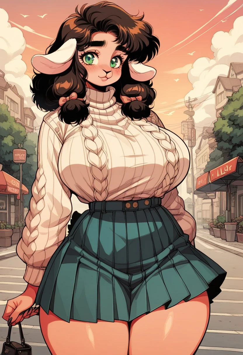 female anthro hyena,Brown long fluffy hair, fluffy hair, bear ears, bear, big breasts, attractive, turtleneck sweater, turtleneck, thicc body, thicc, freckles, freckles on face, neutral expression, smug eyes, skirt, black skirt, garter belt tights, hig heels