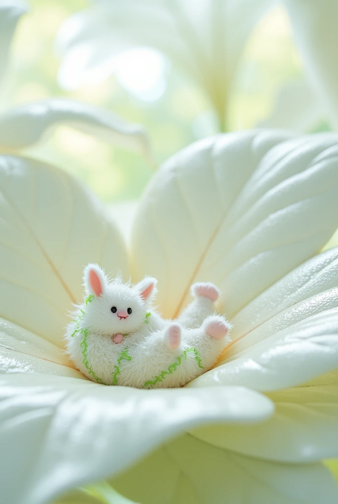 Small white giraffe ball with green stripes lying on its back in large three-dimensional white leaves 1:8