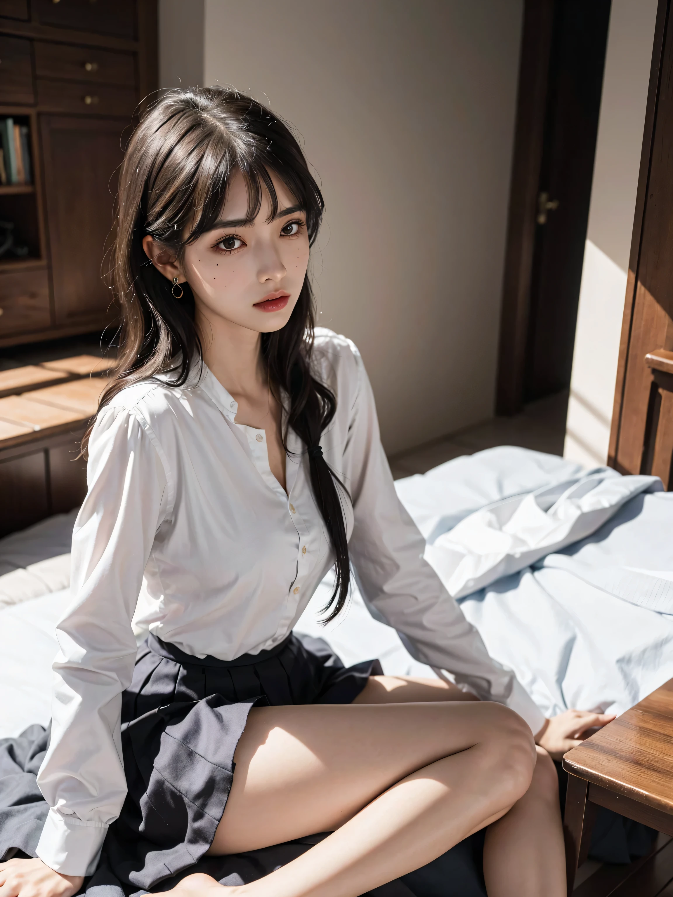 absurdres, RAW photo, extremely delicate and beautiful, masterpiece, Best Quality, ultra high resolution, 16k, hyperrealistic, ultra-detailed, perfect anatomy, super Detailed skin, perfect figure, Very detailed CG 8k wallpaper, in her 20s, very Slim body, narrow waist, very small head, very small face, delicate facial features, tearful mole, earring, thin legs, (very huge round breasts), ((1 girls)), full body shot, bare legs, short hair, wavy hair, light brown hair, wet, (school uniform), skirt, collared dress shirt, outdoor, bed,