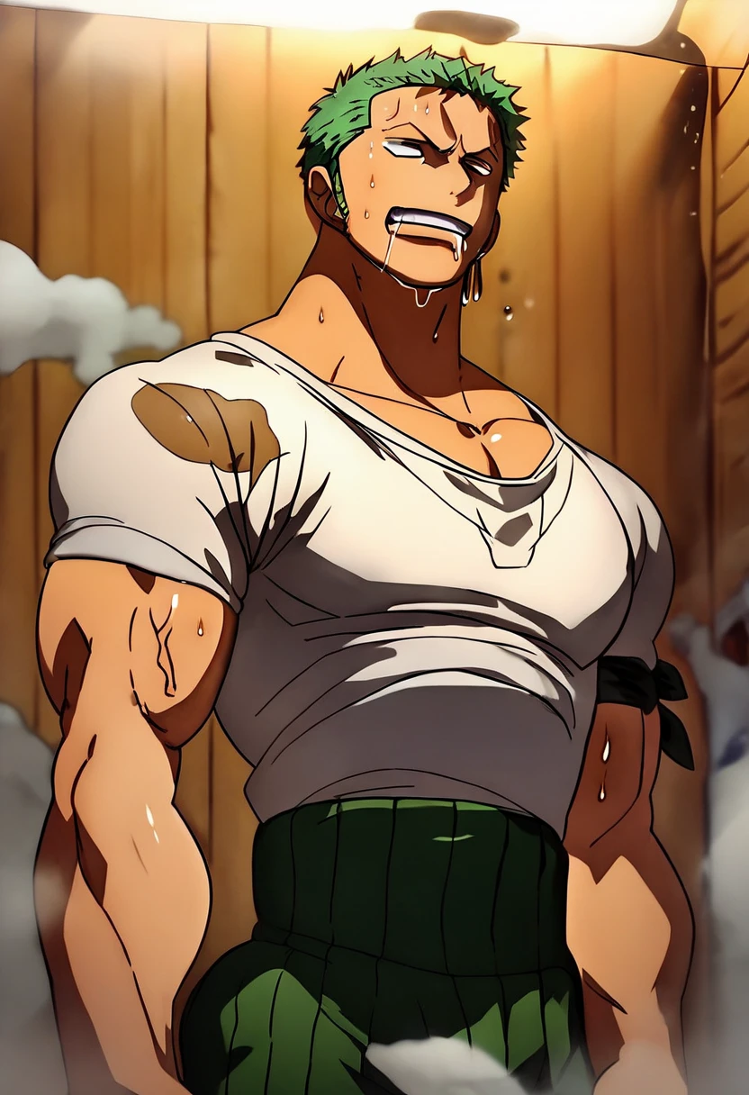 Roronoa Zoro standing in a sauna room, becoming a jock bodybuilder obedient to Coach, double biceps pose, muscular, muscles, broad shoulder, massive pecs, sweaty, blank eyes, hypnotized, brainwashed, focused, High Resolution, drooling