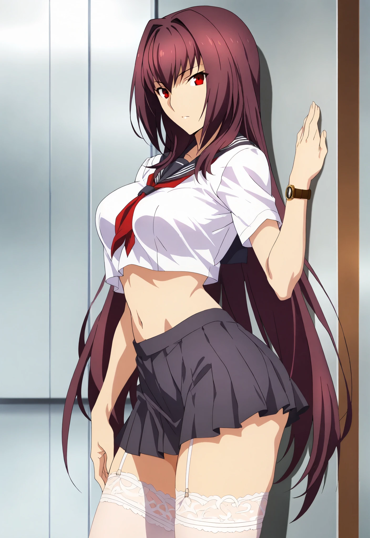 high definition, Masterpiece, need, Details, best quality, quality, need, tall Detailss, High Detailss, Accurate,
from the side 1 girl , Alone, ufotable style , Watch ufotable anime , viewers
Skasaha , scathach fate grand order , destiny, fate grand order , long hair, red eyes, midriff, high school girl, miniskirt , white longstockings , thighs
