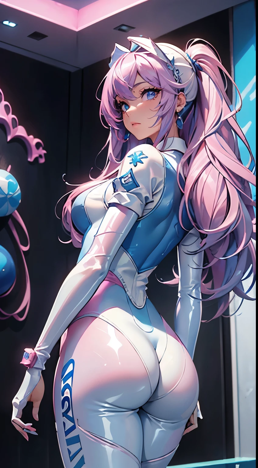 pink evangelion suit, a beauty girl, stunning proportions, blue hair, smile