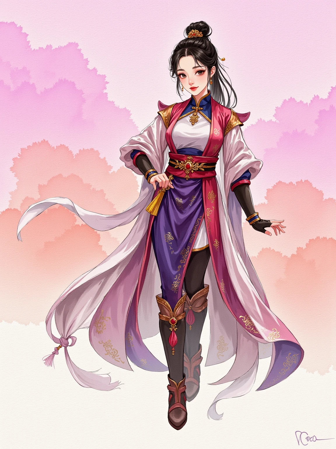 watercolor， large-scale smudging ，Gradient，illustration，illustration， solid color background ，cute， mature， Chinese style，gorgeous，grace，Full of creativity ，pride，1 Girl，Knight costume ，Sexy，charming， overall color uniformity， art，advanced， painting design 