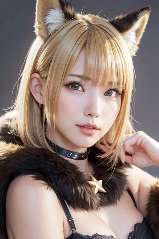 sexy swedish model, (-anime), only 1 model, very short hair, beautiful smile, lip-gloss, long lashes, defined eyebrows, long fur fox color scheme, ((long fur fox cosplay)), fox ears, fox tail, fox choker, look at the camera, cinematic light, (sparkling long fur background), sweet and sexy pose