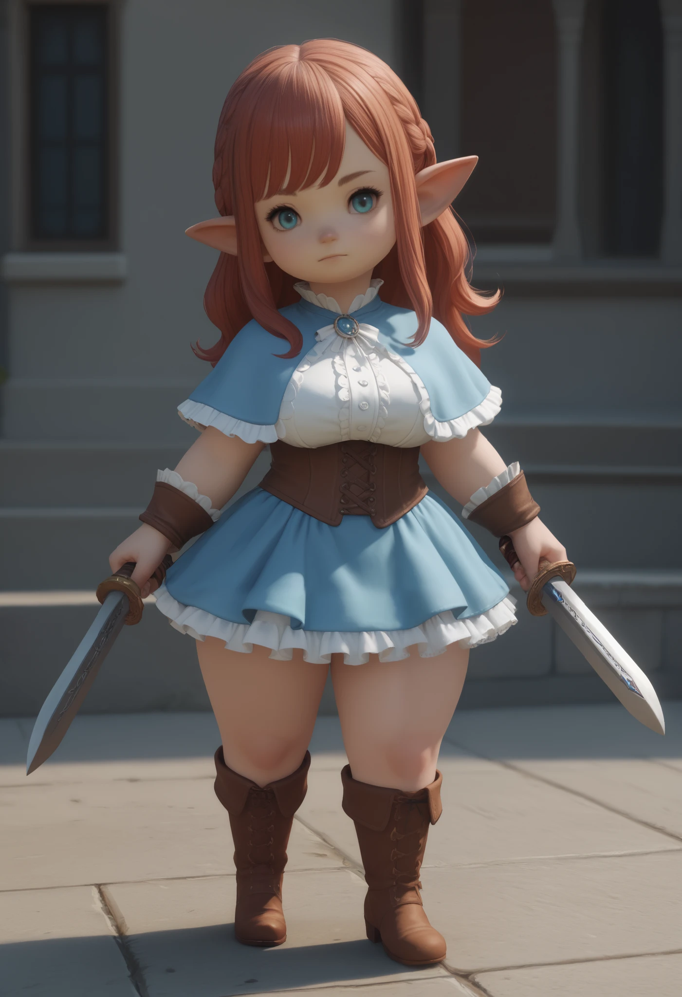 score_9, score_8_up, score_7_up, rating_safe, 1 girl, lalafell, (shortstack:1.2), pointy ears, large breasts, ornate, skirt, capelet, thighhigh boots, holding sword, thick thighs, long hair, head tilt, bust portrait, frilly
