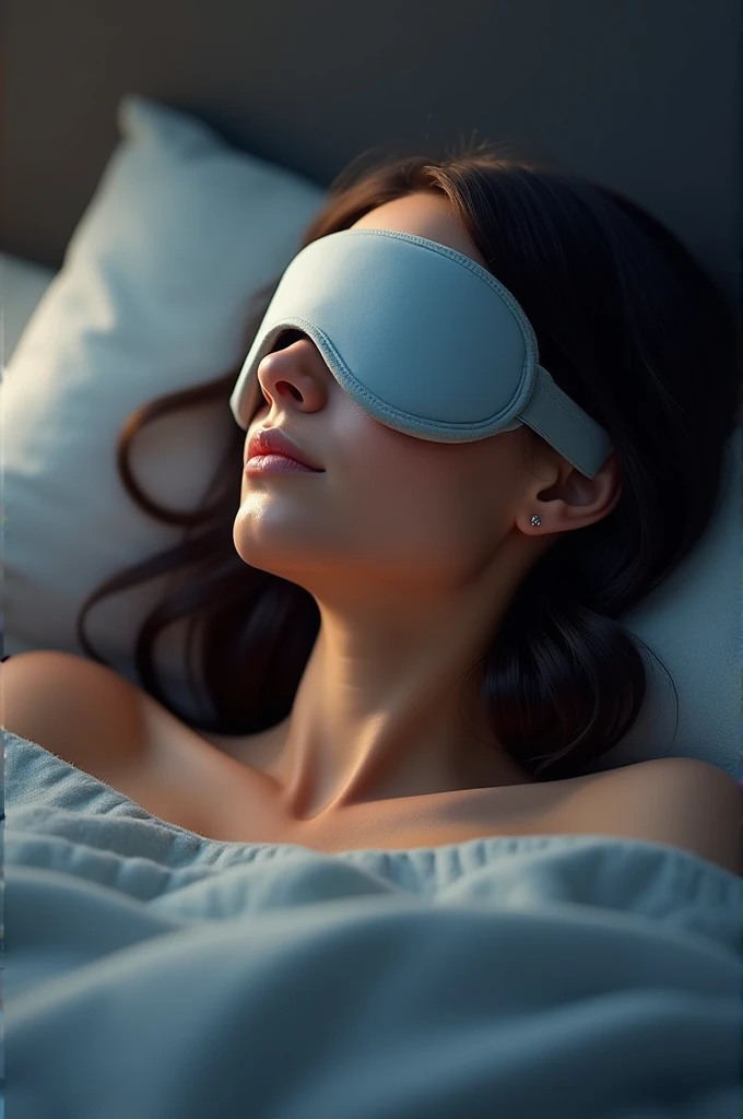 portrait of a beautiful topless 23 years old blonde woman wearing a black blindfold , relaxed happy facial expression, freckles, lying on a pillow in a bed.