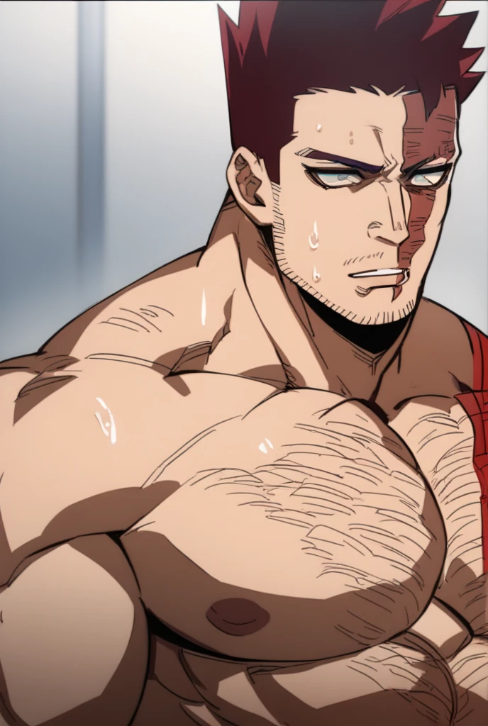 Endeavor being a thug, shirtless, muscles, dragon tattoo on the arm, massive biceps, massive pecs, sweaty, empty eyes, dazed expression, blank stare, hypnotized, brainwashed, hairy chest