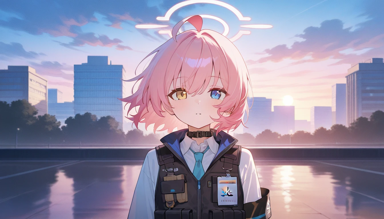 masterpiece, best quality , very aesthetic , Very High Resolution ,1 woman,Hoshino_\( blue _ storage \),Pink_ hair, alone,Heterochromia,White_shirt, short_ hair, blue _eye, blue _tie,Ahogeo,yellow_eye,Looking _~to_viewer,collar_shirt,outdoors, hair_  quality  _eye,The top _body,_card,Pink_halo,building,cloudy_sky,Shoulder_Looking for a strap ,tactical_vest