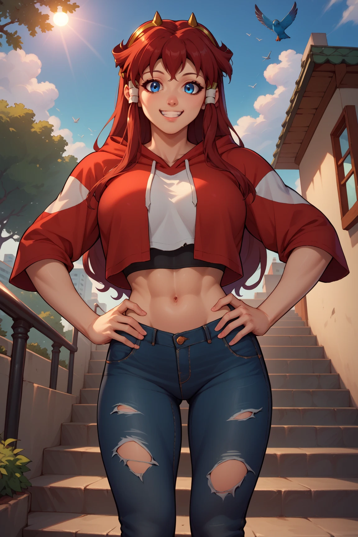 red-pinkish hair, green eyes, medium long hair, miniskirt, sexy panty, belly free, athletic, curvy