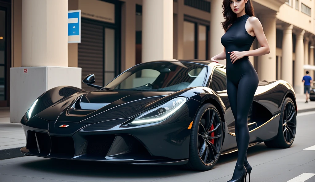 a beautiful girl in a tight dress posing next to a superdeportive car, hyper realistic, 8k, cinematic lighting, detailed facial features, photorealistic, volumetric lighting, dramatic shadows, highly detailed, intricate details, stunning, exquisite, flawless skin, elegant pose, impeccable fashion, glossy car paint, smooth metallic reflections, depth of field, cinematic framing
