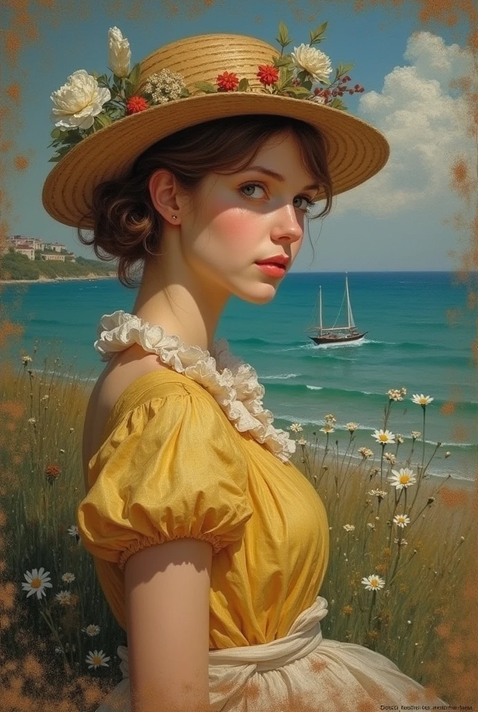 (masterpiece oil painting), 1 молодая худенькая девушка лежит на шезлонге и заmountainsает на солнце (in a chic hat:1.2), nude, (no panties:1.3) she (lounging on a sun lounger:1.4), thin and slender, a beautiful transparent peignoir is draped over the shoulders in the middle (not tied with a belt:1.8), (show me your pussy:1.9) one leg is bent at the knee and the knee is moved to the side, (pussy pubic hair visible:1.9), Smile on his face, ethereal and beautiful Hugo Boss model from the 1940s.., Beautiful painting with a very detailed face by Alphonse Mucha.., Craig Mullins, Greg Rutkowski, Magali Villanueva, (The most beautiful picture), the whole body is visible from the knees and above, sexy pose, ideal body shape, (I'm looking from the floor below:1.3), on the balcony against the backdrop of the beautiful seashore, mountains