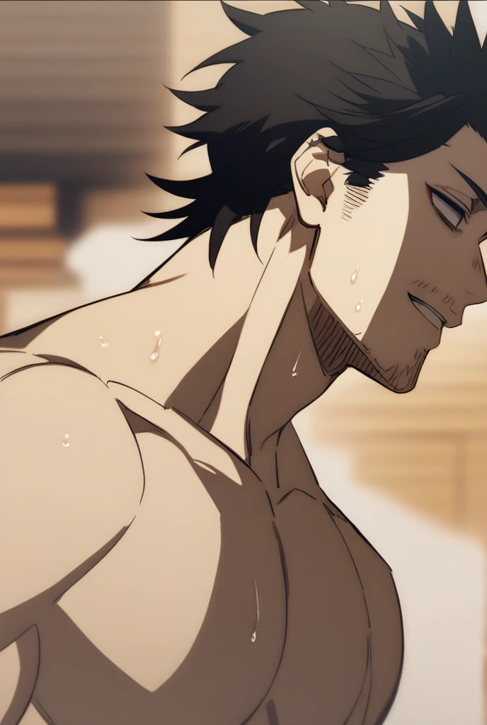 Yami Sukehiro, short hair, muscle, shirtless, sweaty, empty eyes, dazed expression, blank stare, hypnotized, brainwashed, hairy pits