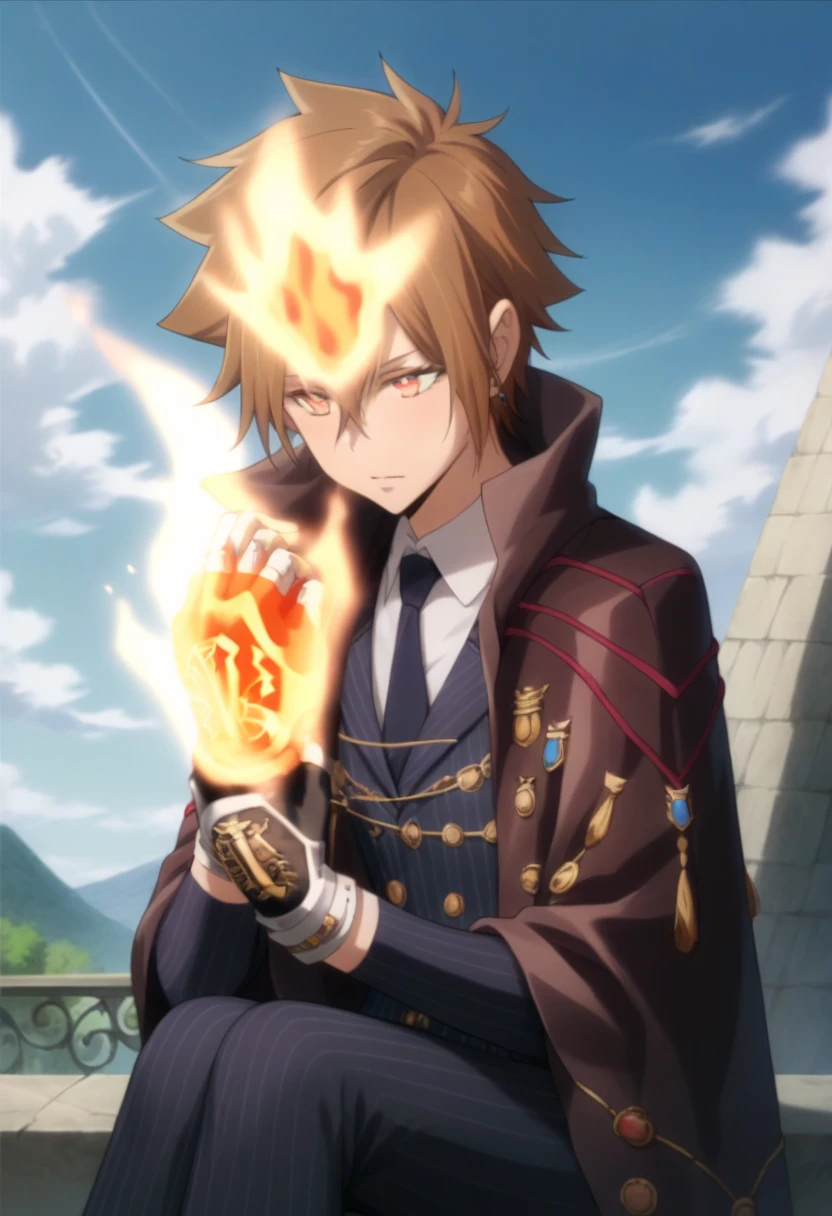 score_9, score_8_up, score_7_up, score_6_up, highly detailed, masterpiece, best quality,detailed,intricate details, amazing quality, best aesthetic, absurdres,source_anime,fire, gloves, sitting, jacket, fingerless Red metal gloves with blue crystals, tsuna_hyper, fire on head, brown hair, orange eyes, fire on hands