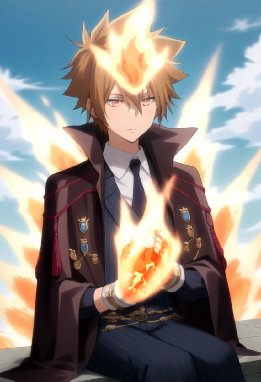 score_9, score_8_up, score_7_up, score_6_up, highly detailed, masterpiece, best quality,detailed,intricate details, amazing quality, best aesthetic, absurdres,source_anime,fire, gloves, sitting, jacket, fingerless Red metal gloves with blue crystals, tsuna_hyper, fire on head, brown hair, orange eyes, fire on hands