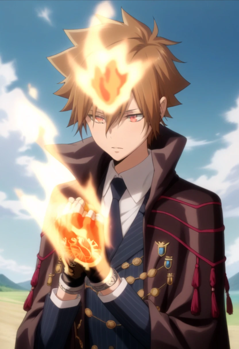 score_9, score_8_up, score_7_up, score_6_up, highly detailed, masterpiece, best quality,detailed,intricate details, amazing quality, best aesthetic, absurdres,source_anime,fire, gloves, sitting, jacket, fingerless Red metal gloves with blue crystals, tsuna_hyper, fire on head, brown hair, orange eyes, fire on hands