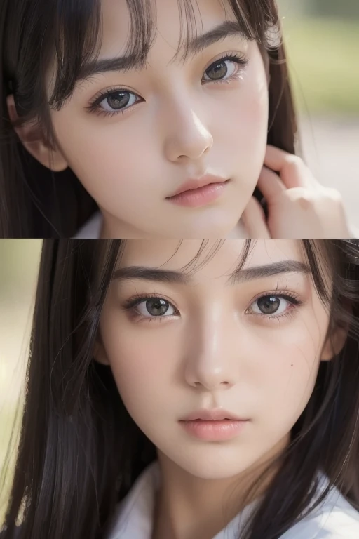 (((Ultra-high resolution、Close-up、Cute Japanese Woman)))、Long, straight black hair frames her face、So that every single hair is clearly visible、Depicts subtle color changes depending on the amount of light hitting the subject、The skin is white and smooth、Has a natural glow、Fine skin texture、Representing the fine details of pores、amountや頬に薄い赤みがある部分を詳細に、The eyes are almond-shaped and dark brown.、Fine details of the iris、Depicts color gradations and patterns、Long, natural-looking eyelashes, each and every one visible、Well-groomed eyebrows、indivual々The hair is clearly visible、Light reflects off into the eyes、Create small highlights、noseは繊細で、nose孔の細かいディテールがある、Lips are plump and naturally pink、Depicts the fine lines and soft curves of the lips、Shiny、Accentuate the shape、Detailed depiction of lip texture、Particular attention to the depiction of light and shadow、Soft natural light gently illuminates the face from the front、amount、nose、Creates a subtle glow on the cheeks、Shadows are cast softly along the contours of the face、cheekbone、Jaw Curve、noseの側面を強調、The gloss of her lips reflects the light faintly.、Emphasizes plump texture、The shadow of the hair adds depth and dimension.、indivual々The hair shines in the light、The background is simple and blurred.、Focus on the face、In the highest quality、Representing the utmost detail