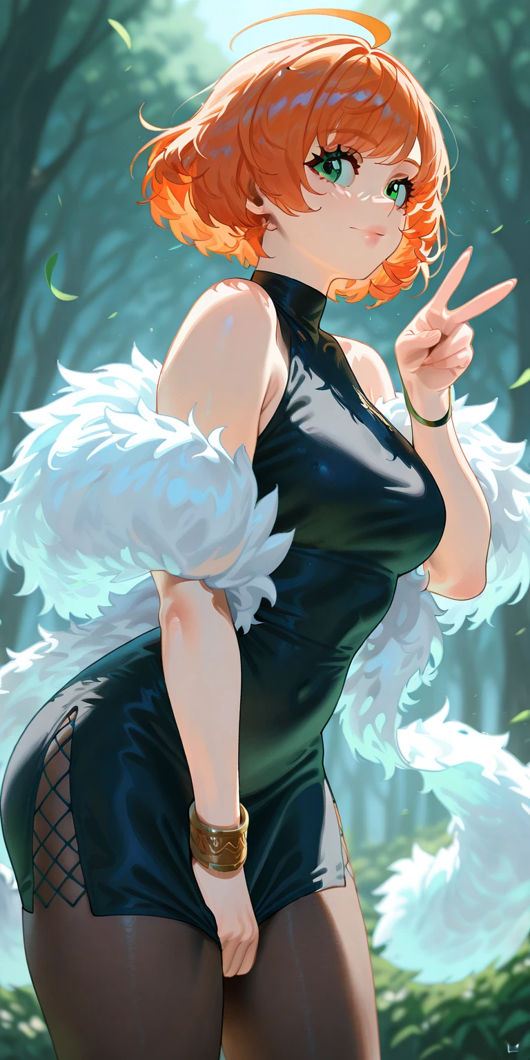 Masterpiece,  best quality ,  Great Quality ,  from the side 1 girl , We,  dress,  green eyes,  orange hair,  short hair , Hair slipped backwards , Feather Boa,  black dress, Sleeveless,  off shoulder,  bracelet,  pantyhose, , Green, v,  cowboy shooting,  lean forward 