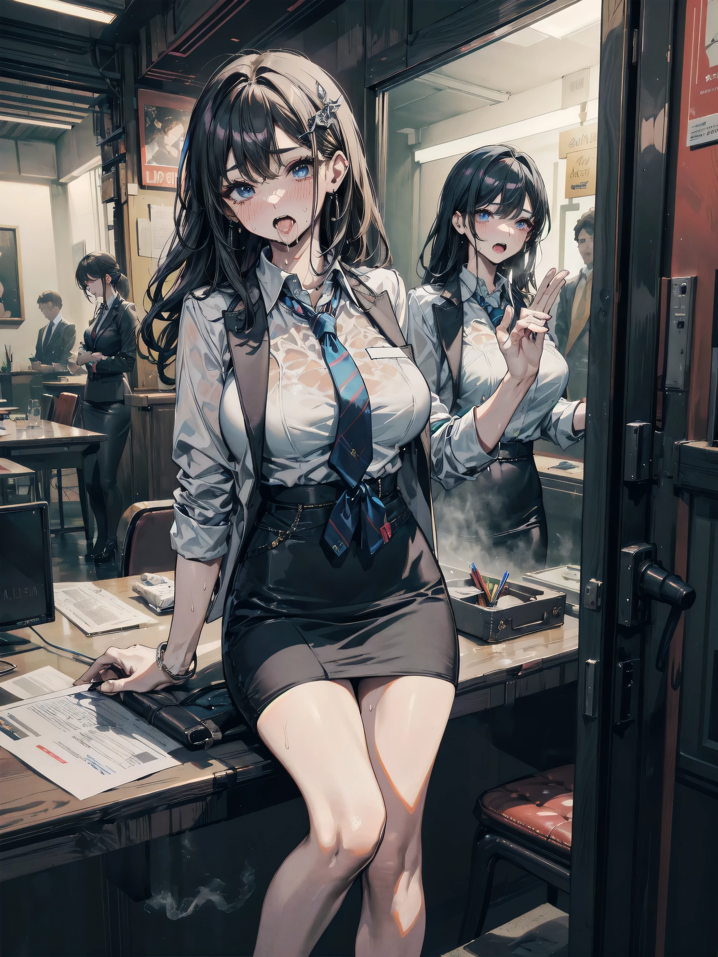 RAW photo, extremely delicate and beautiful, masterpiece, Best Quality, ultra high resolution, 16k, photorealistic, ultra detailed description, pale skin, in her 20s, whole body, medium tits, medium hair, black hair, tearful mole, earring, business suit, blazer, pencil skirt, collarbone, shirt, tie,