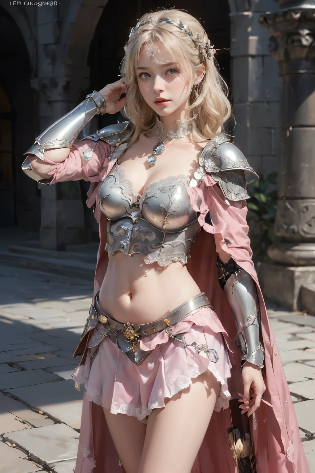 (( photoshoot)),(( Highest Resolution )),(( best quality ,8k)), ((Masterpiece)), ( Details), Photographically, high definition, girl , Detailsな美しい顔,( BEAUTIFUL CONTRASTING EYES ),(( perfect anatomy )), (medium blond :1.3),loose braids , gemstone hair ornament,((Jeweled Armor:1.5)),(clavicle,belly button, thighs:1.3),(standing :1.5),(lace cape:1.5),((( will brush up his hair:1.3))),( white ruffle skirt with pink logo :1.3),( arrange :1.8)