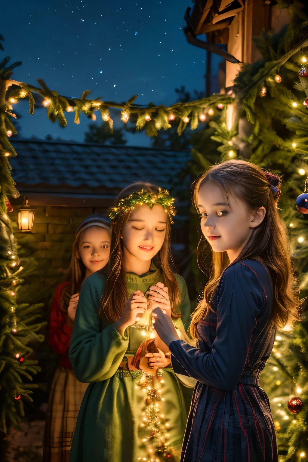 cute group of girls and boys celebrate christmas and epiphany, Christmas,Epiphany,holiday,celebration,intricate detailed lights decorations,seasonal decorations,(best quality,4k,8k,highres,masterpiece:1.2),ultra-detailed,(realistic,photorealistic,photo-realistic:1.37),HDR,professional,vivid colors,studio lighting