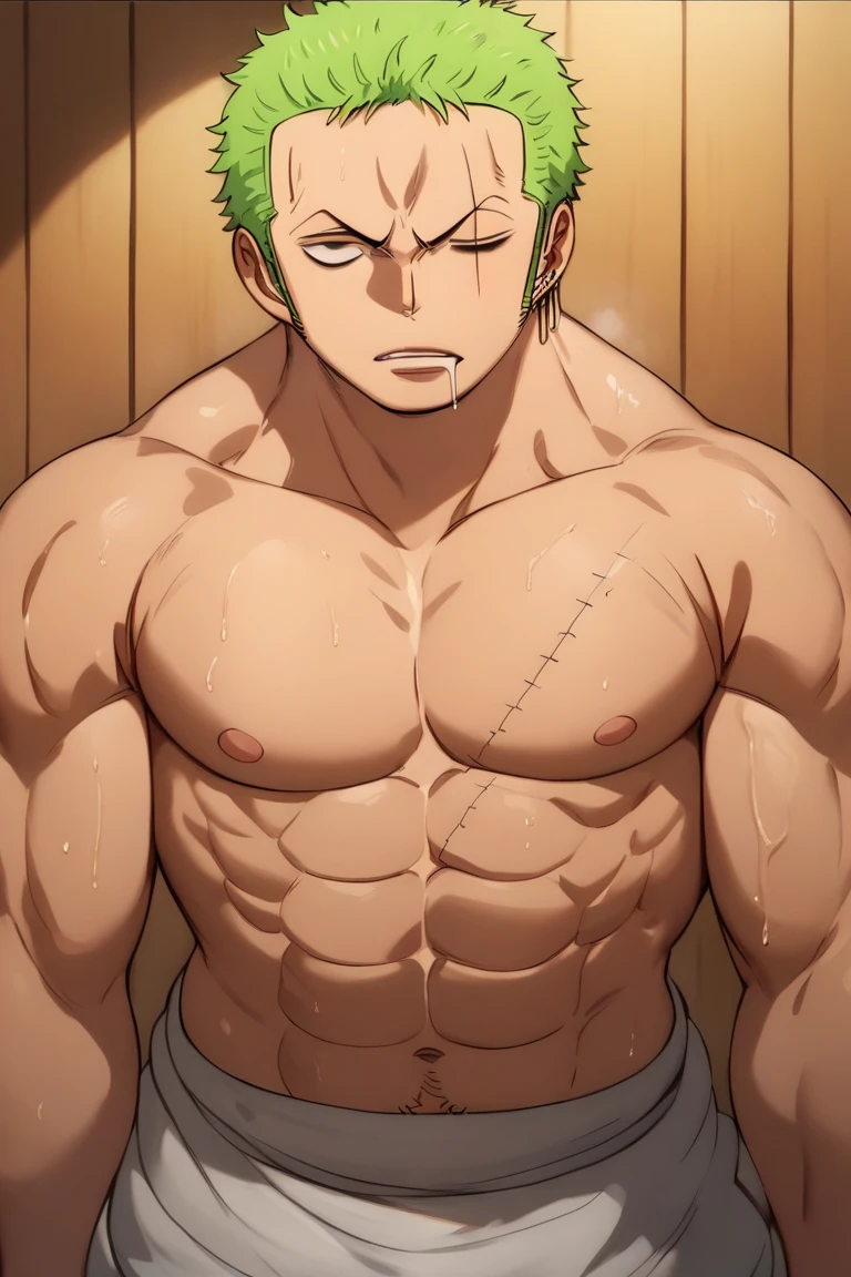 Roronoa Zoro in a sauna brainwashed to become an obedient jock bodybuilder for Coach, muscle, shirtless, sweaty, drooling, empty eyes, dazed expression, blank stare, hypnotized, hairy pits