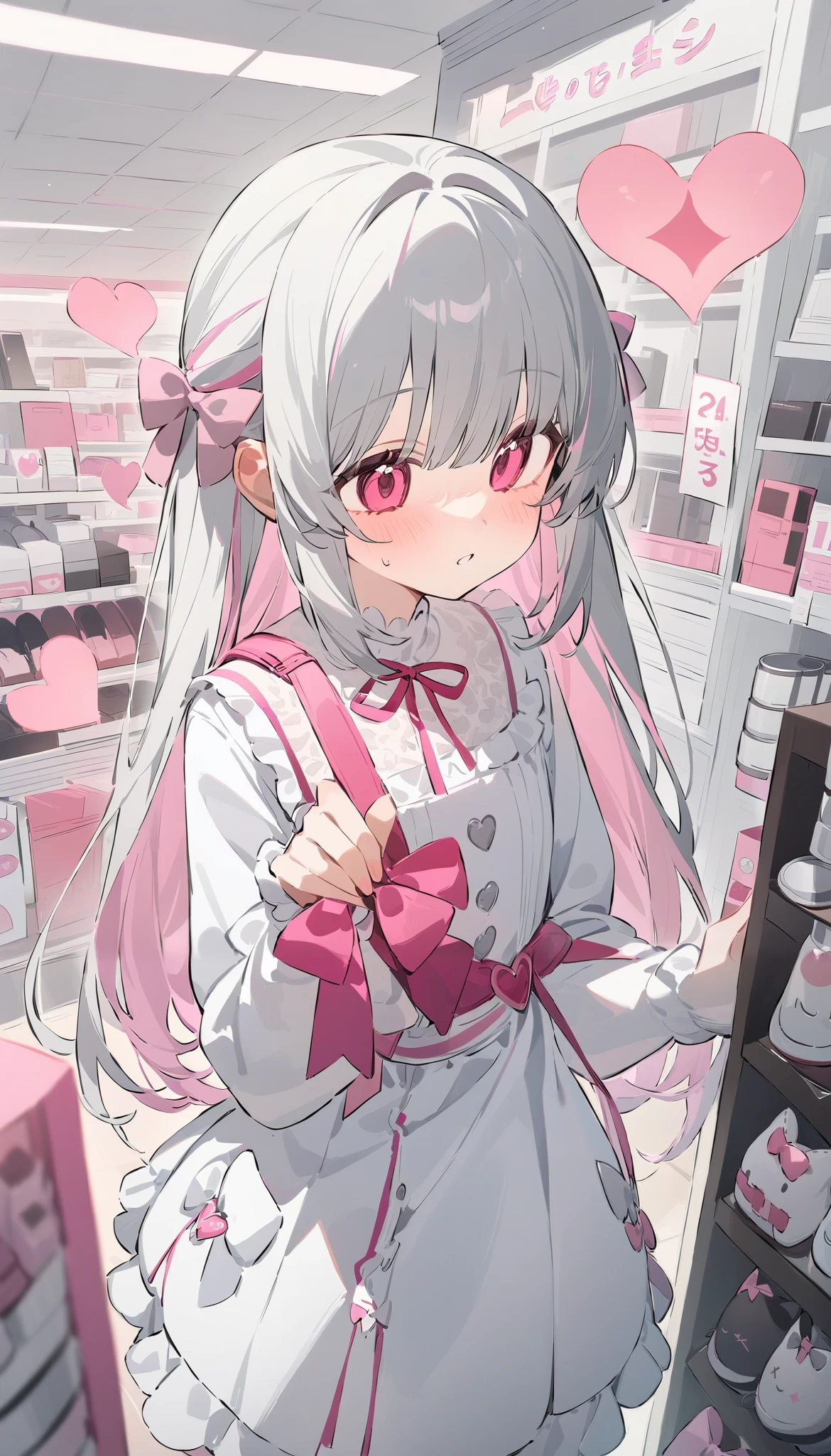 t girl . white dress with pink elements. bows and hearts . in the store. around the store. grey shop