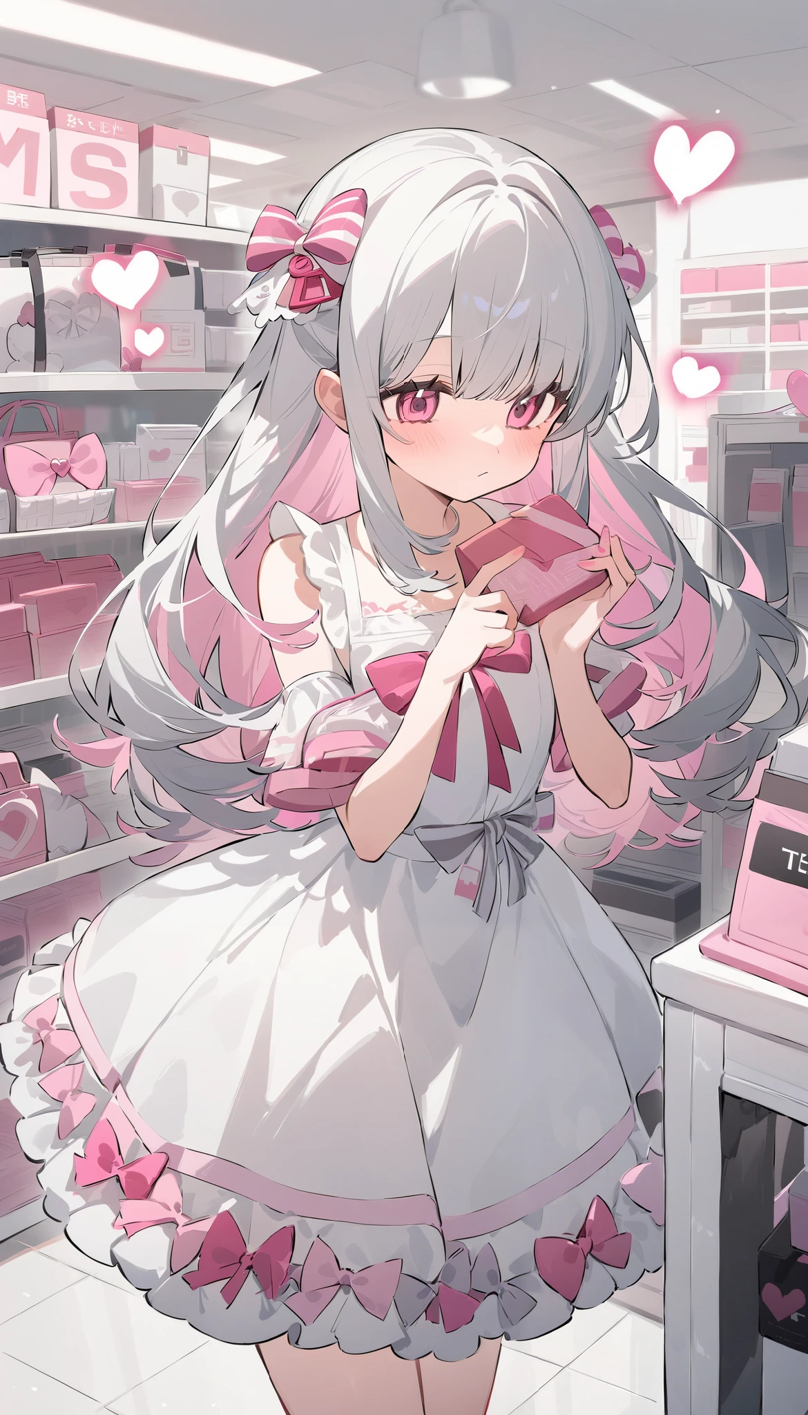 t girl . white dress with pink elements. bows and hearts . in the store. around the store. grey shop