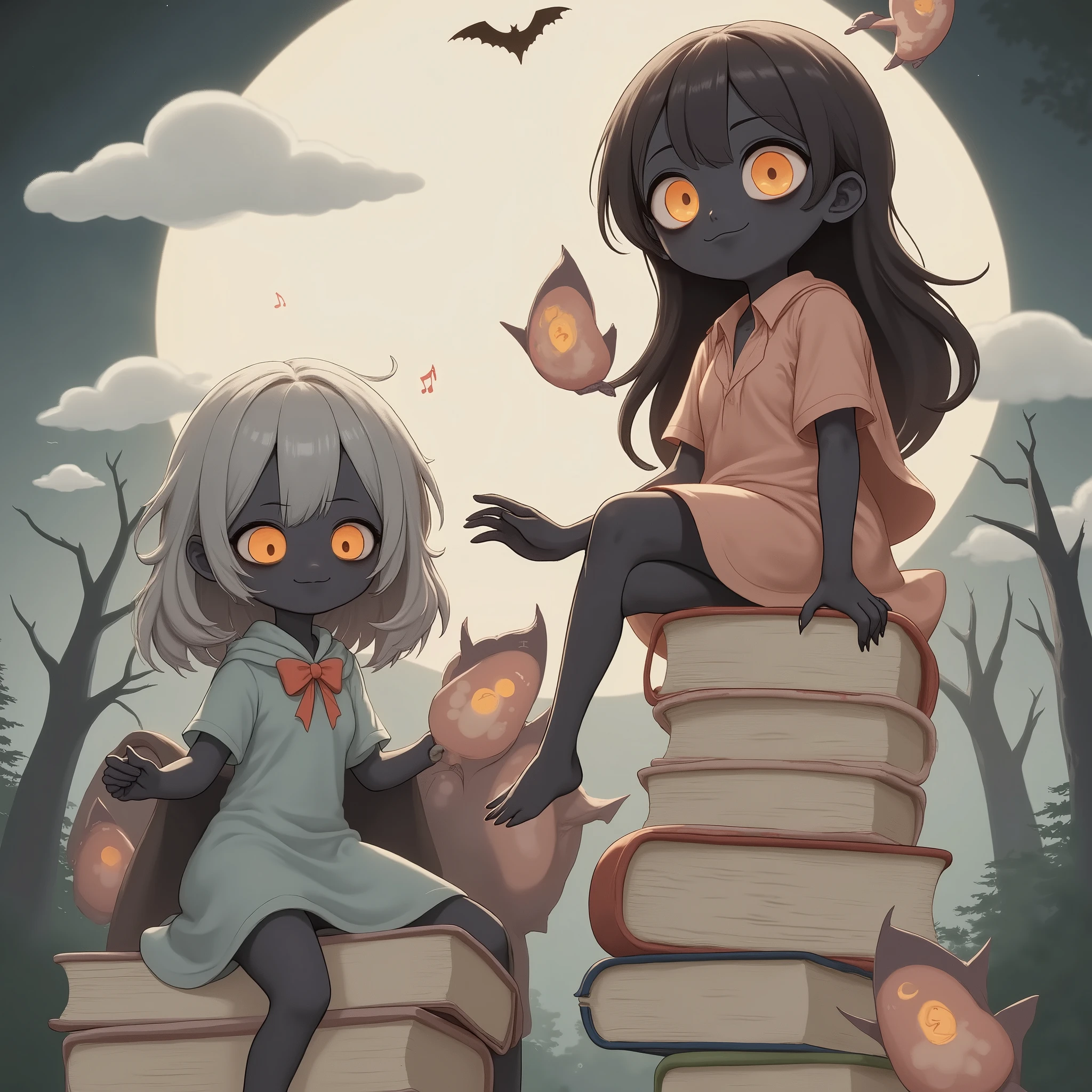 papercut style, whimsical layered paper design, books stacked as if crafted from cut-out paper, characters with soft pastel colors and paper-textured wings,sit on pile of books, clouds and moon rendered with fine paper edges, glowing lanterns and delicate butterflies, dreamlike atmosphere, intricate cut-out details, soft and playful aesthetic
