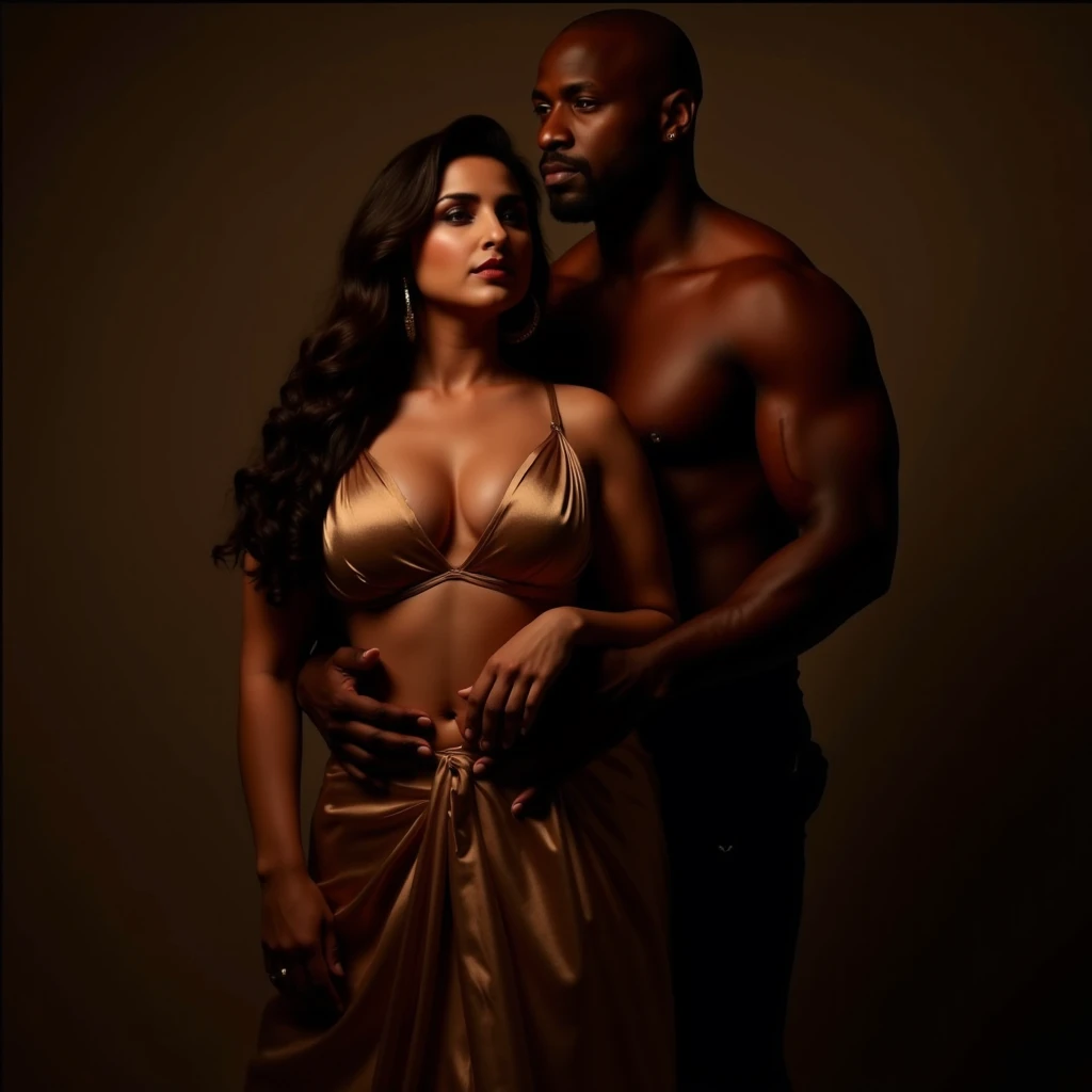 In the image, there is a sexy couple dressed as a prince and princess, half naked. The man, wearing swimming trunks, portrays a beautiful black prince, strong, virile and with a crown on his head. His swim trunks are adorned with intricate details, reflecting his noble status. Next to him is the woman, embodying the essence of a beautiful princess. With her warm, mocha complexion, she brings a touch of authenticity to the role. She wears sensual, skimpy lingerie, embellished with jewels and decorations fit for royalty. Together, they exude sensuality and lust. They are both in a nightclub with lights and smoke curtains. Perfect faces, perfect eyes, perfect mouth, perfect nose.