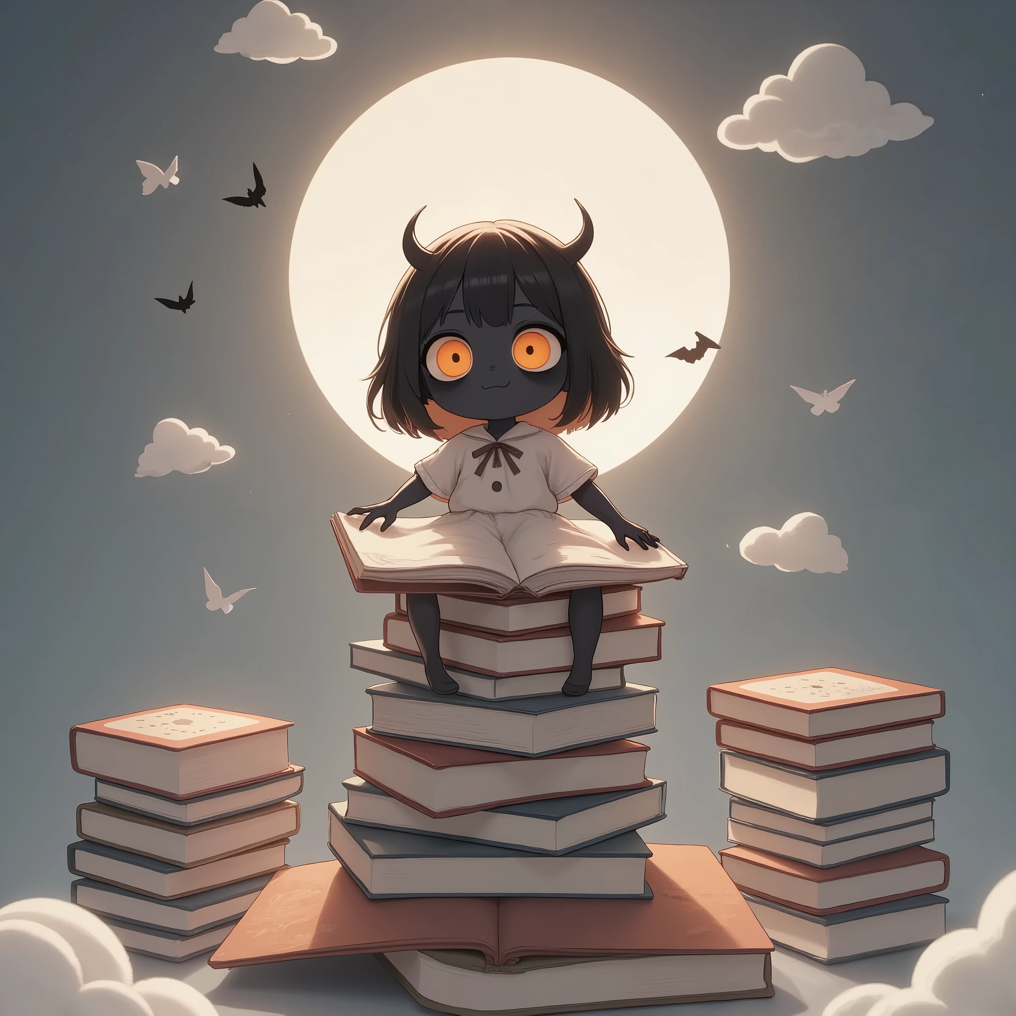 papercut style, whimsical layered paper design, books stacked as if crafted from cut-out paper, characters with soft pastel colors and paper-textured wings,sit on pile of books, clouds and moon rendered with fine paper edges, glowing lanterns and delicate butterflies, dreamlike atmosphere, intricate cut-out details, soft and playful aesthetic
