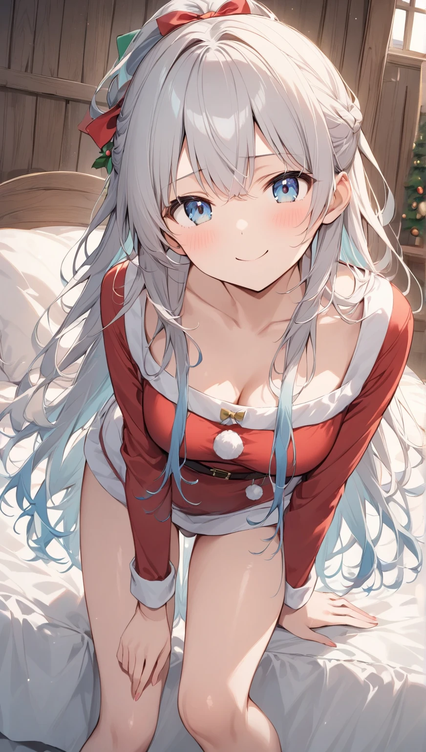 (shiny silver hair),(long hair with curls),(Blue eyes),(With bangs),(Inside the store at night with beautiful illuminations),(A room lit by a fireplace or candlelight),((Christmas tree)),(Dressed with ribbons wrapped all over the body:1.4),(Bare ribbon),(Body Wrapping:1.6),((Hug me to hide your chest)),(white fluffy underwear),Smile,Slight red tide,(Kamimei),(close up of face:1.35),(Lying on your back in bed:1.3),(red and gold and silver and black:1.25),(Red Ribbon:1.35),(Perspective from below),