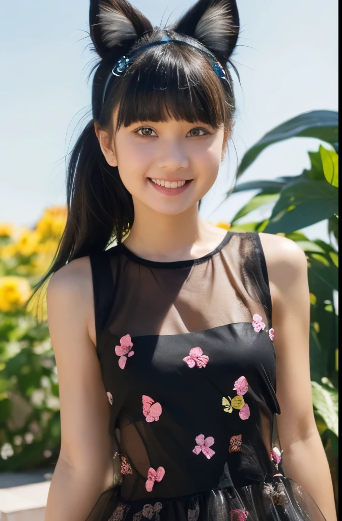 1girl in, :D, 10yo, animal ear fluff, Animal ears, Bangs, black hairbanD, long black hair, Blurry, Blurry backgrounD, Depth of fielD, Dress, flower, flower pot, ((see-through Dress:1.2)), hairbanD, holDing, Long hair, Open mouth, pink flower, plant, potteD plant, sketch, Sleeveless, ((Sleeveless see-thorough Dress:1.2)), Smile, Solo, tail, Wrist cuffs, yellow flower, 1980s (Style)