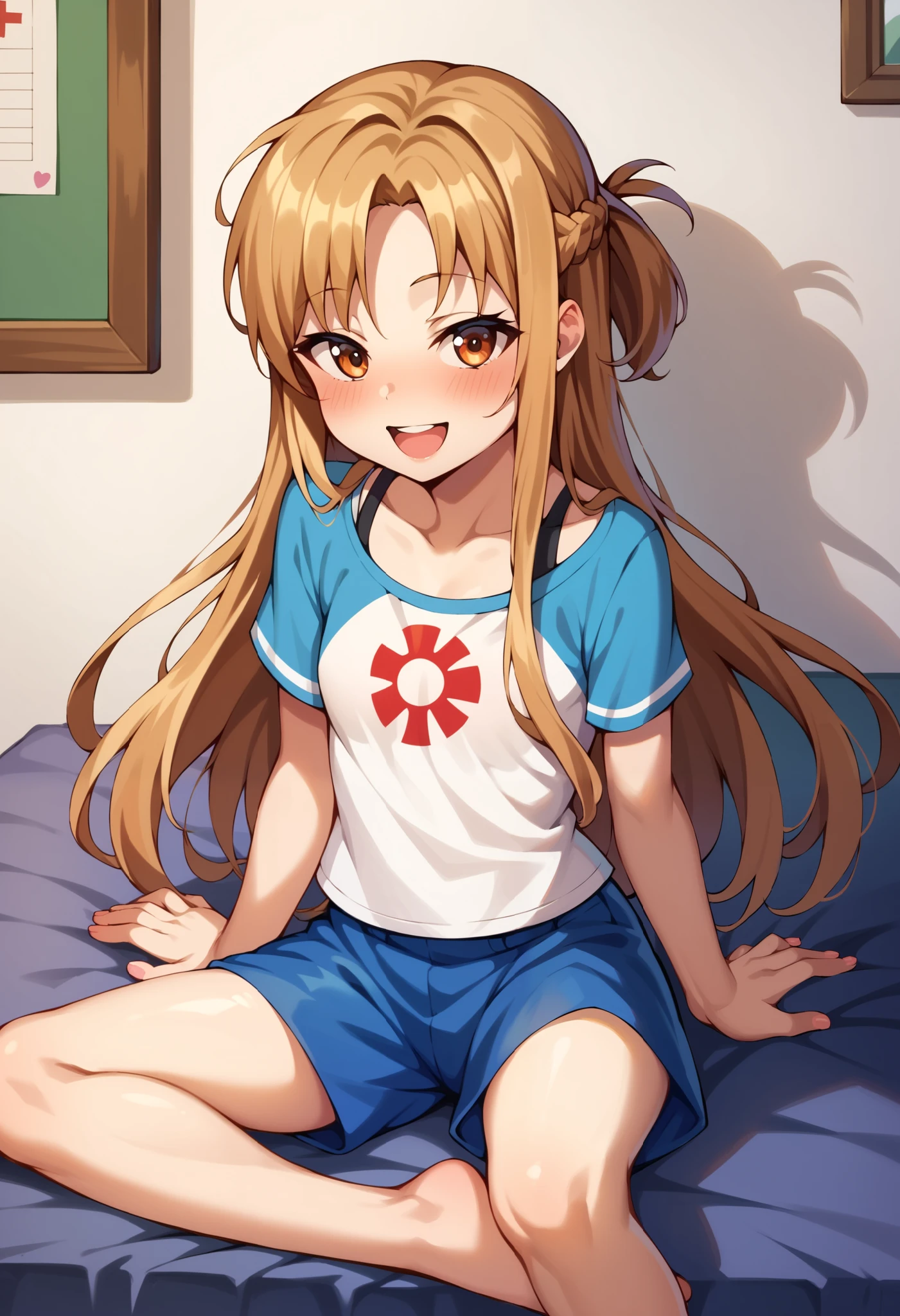 (( best quality)), ((masterpiece)), (be familiar with),  perfect face, indoor, bedroom,  watching viewers ,
One woman,  Asuna Yuki,
 characters with open mouth ,  ecstatic expression with hands in front of body, blush, smile,
Small breasts,  flat chested, Young girl, Lori,  s,  girl,
 long hair,  long hair,
Leg spread,