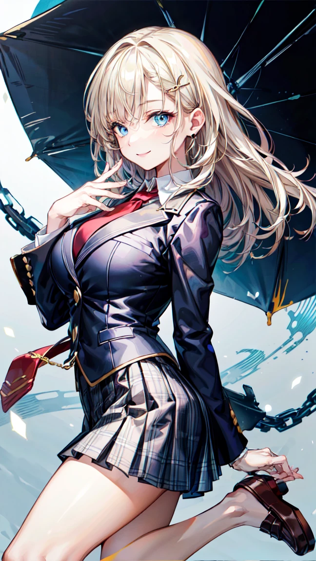 (8k, RAW photo, best quality, masterpiece:1.2), (cityscape),1girl,(sky striker ace raye),professional lighting, photon mapping, radiosity ,blue eyes,Blond hair, black headdress.Dark brown tie,(close up),(raining),stars,night,(cleavage)