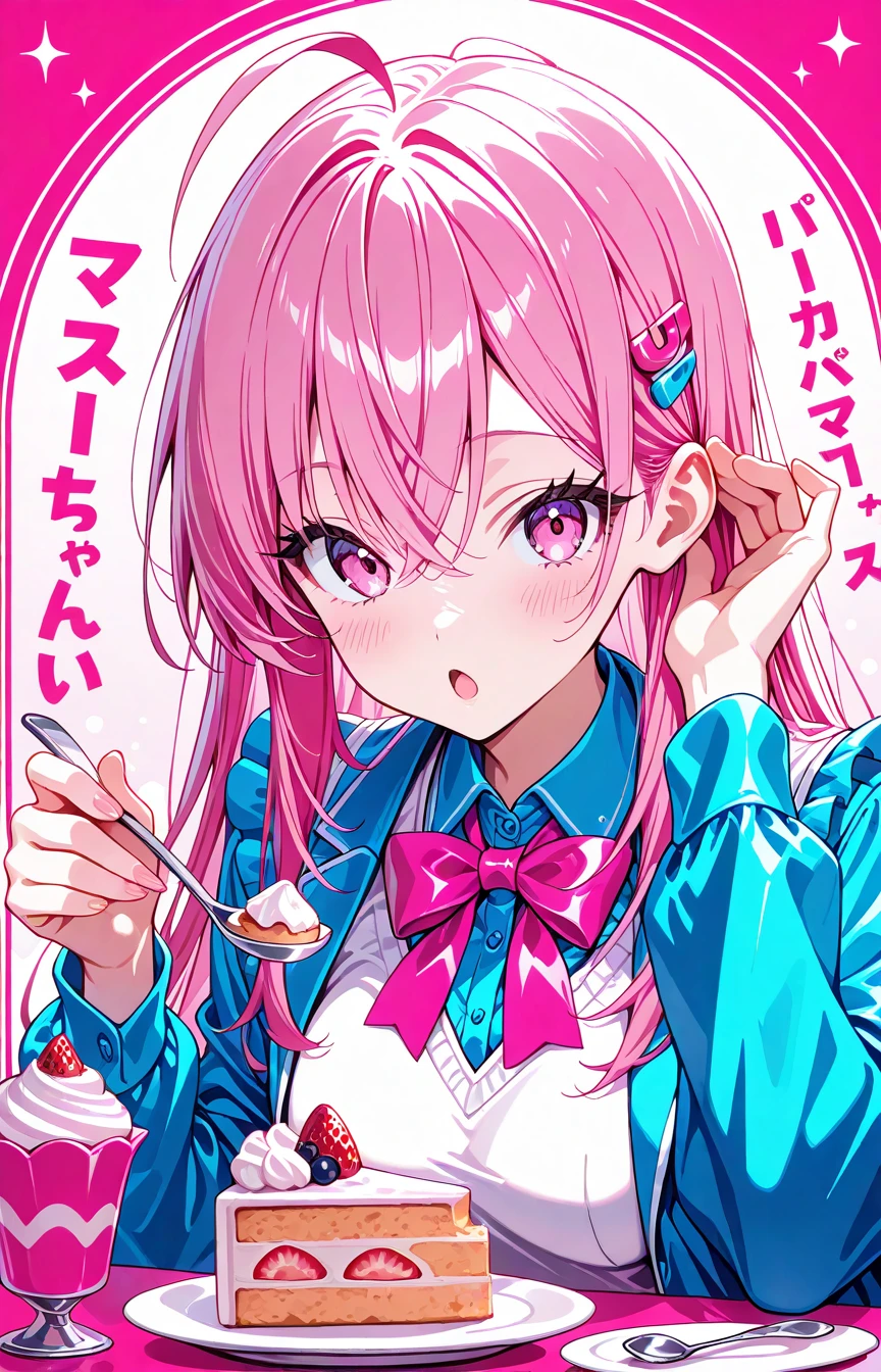 1girl,solo, breast, pink hair, long hair, crossed bangs, pink eyes, ahoge, sidelocks,vector clip, frills, blue jacket, open jacket, white vest, blue collared shirt, pink bowtie, hand on own ears, hair behind ear, long eyelashes,food ,cakes,spoon, in coffee,hair tucking,holding spoon with food, blush, looking at viewer, open mouth, character focus, (((masterpice, best quality, high quality, ultra detail))),pink theme, vivid color,pink overlays