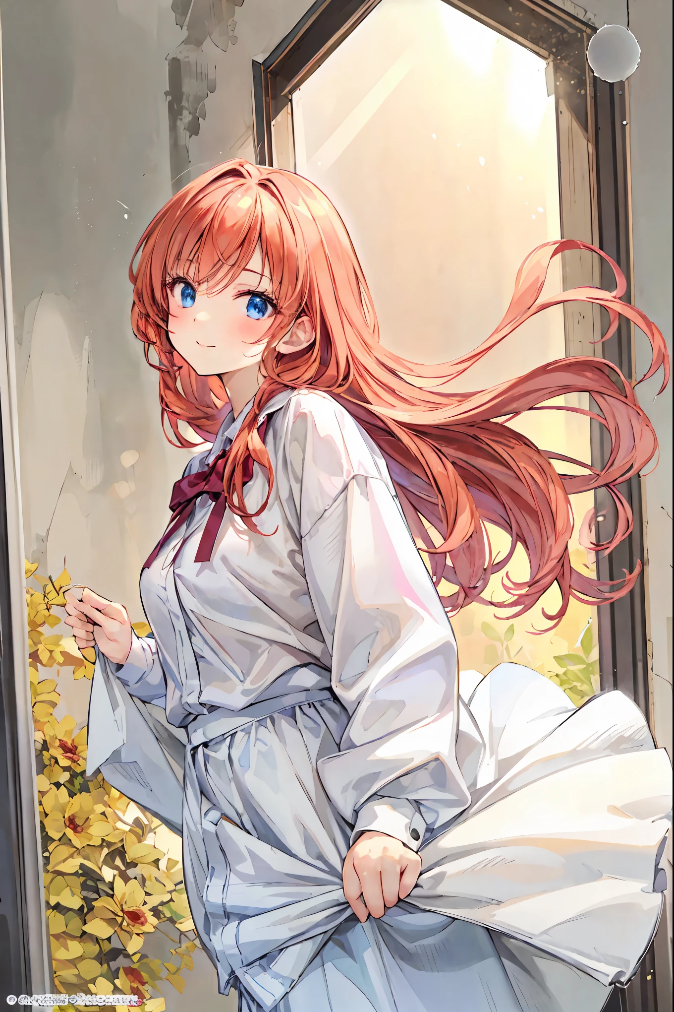  Official Art,  wallpaper,  very detailed, ((( very detailedな目と顔))), Realistic Portrait , ( best quality , Masterpiece,  high definition), ( high definitionスキン: 1.2),  8K ultra HD, Backlight,  background blur , smile,  one woman,  wearing a white shirt,  beautiful women, Attractive and beautiful顔の, Beautiful face and perfect skin, Diffused, Natural Skin Radiance, Attractive and beautiful, Wrapped in golden light, Gorgeous and attractive,  Soft golden hour lighting ,  Natural Beauty Expressive Poses,  Soft Golden Light  ,  attractive girls,  golden background pattern popping out of clothes ,  Dynamic Angle 