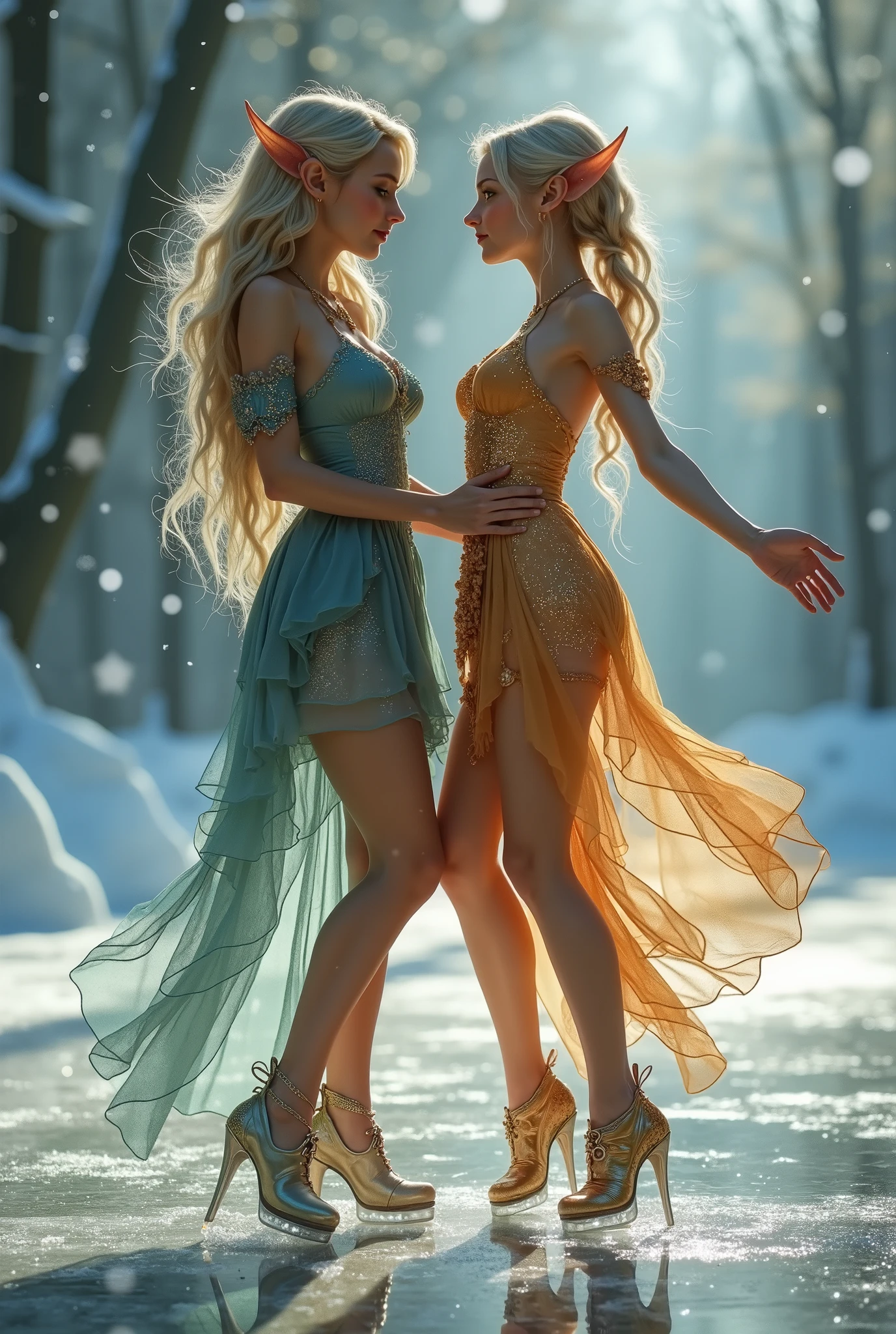 A beautiful dance on ice featuring two elfs, dressed in glossy dresses, realistic and fantastical atmosphere, ethereal lighting, intricate details, whimsical background, soft glows, elegant poses, magical winter scenery
