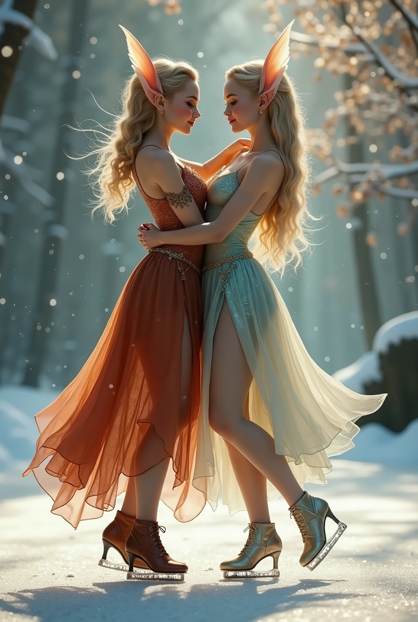 A beautiful dance on ice featuring two elfs, dressed in glossy dresses, realistic and fantastical atmosphere, ethereal lighting, intricate details, whimsical background, soft glows, elegant poses, magical winter scenery