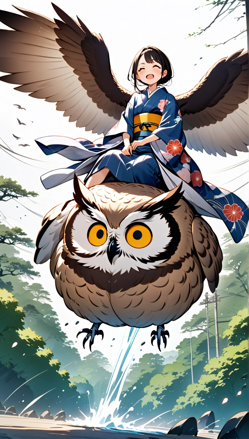  A girl is riding a giant owl , Japanese style yukata ，Hzk,    feeling it plummet  , 