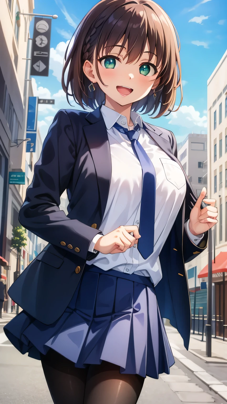 (((masterpiece, highest quality:1.2))),cowboy shot,16 year old beauty,solo,dark brown hair,short bob hair,brown eyes,blunt,skinny,medium breasts,shiny skin,oily skin,sweat,smile, BREAK Wearing 、Navy blue blazer、Blue tie、Navy blue checkered pleated mini skirt、 BREAK ,standing,School building、Daytime、