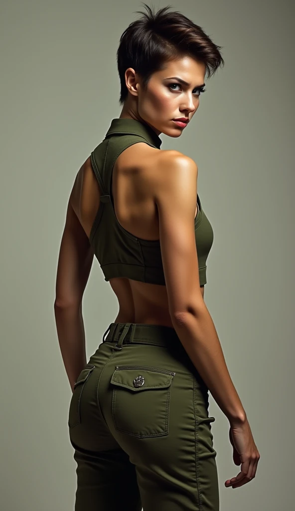 Cara Delevingne wearing cargo pant, tight pant, sexy pose, back, high detailled pant, office,(masterpiece), best quality, expressive eyes, perfect face, 8K